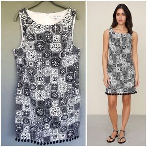 Trina Turk Sleeveless Shift Dress Women 12 Black Geo Print Pom Pom Tassel Hem
